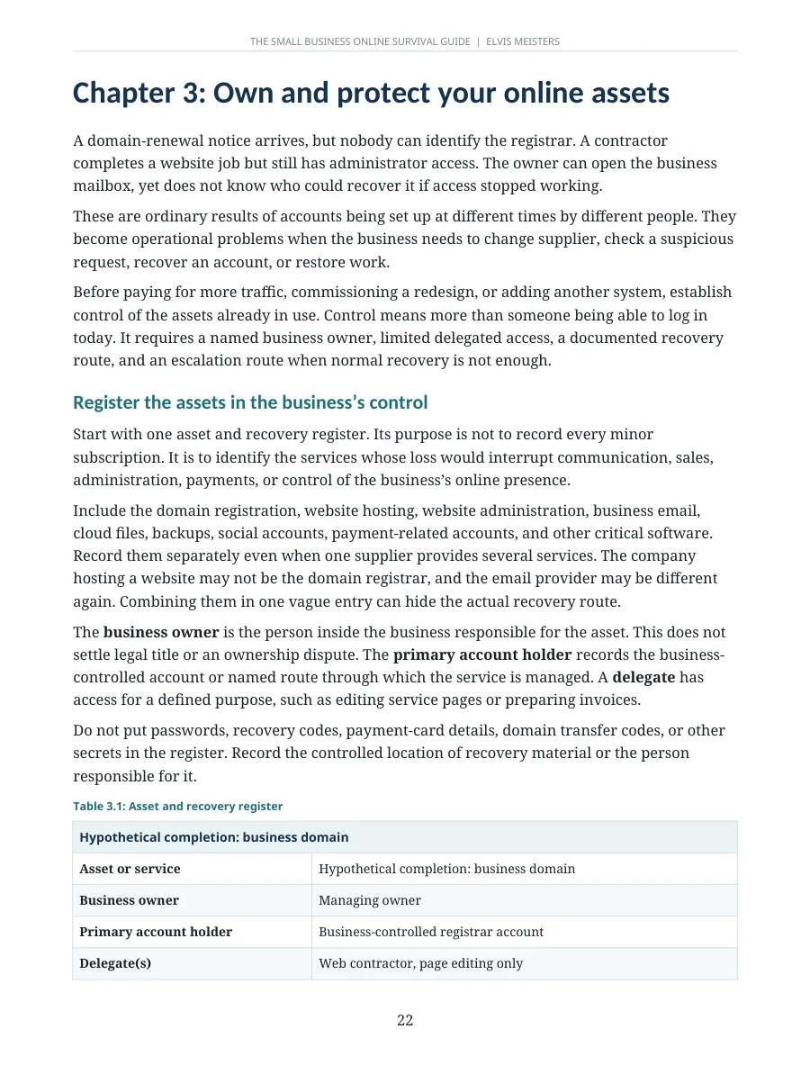 Opening page of Chapter 3, Own and protect your online assets