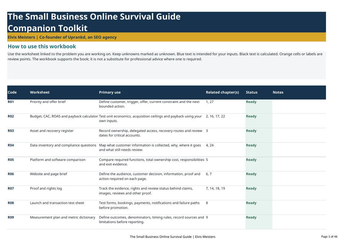 Toolkit START HERE sheet listing each worksheet